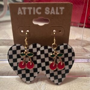 Attic Salt NWT Checkered Heart Cherry Earrings